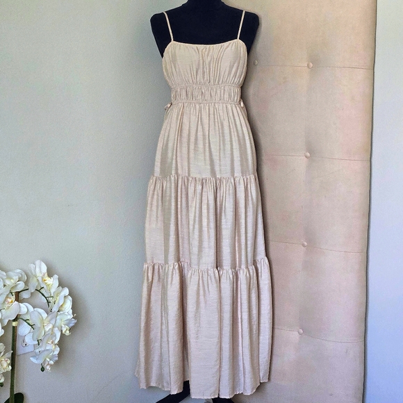 Blu Pepper Dresses & Skirts - Blu Pepper-Boho Smocked Tiered Maxi Sundress, Champagne, Lined Adjustable Straps
